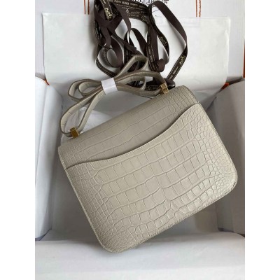 Hermes Constance 24 Handmade Bag in Pearl Grey Matte Alligator Leather