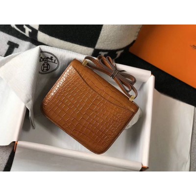 Hermes Constance 24cm Bag In Brown Embossed Crocodile