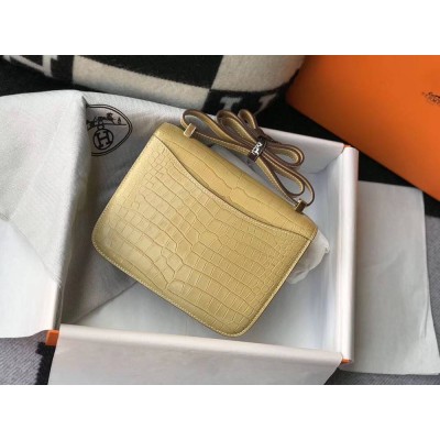 Hermes Constance 24cm Bag In Jaune Poussin Embossed Crocodile