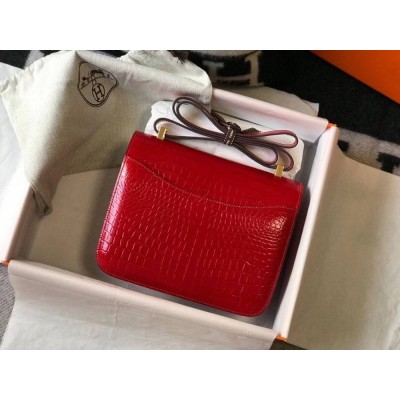 Hermes Constance 24cm Bag In Red Embossed Crocodile