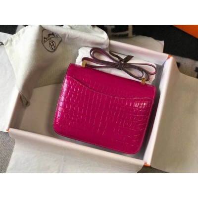 Hermes Constance 24cm Bag In Rose Red Embossed Crocodile