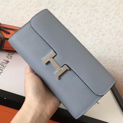 Hermes Constance Long Wallet In Blue Lin Epsom Leather