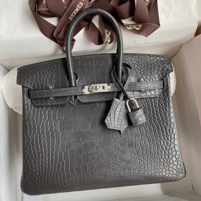 Hermes Birkin 25 Bag In Dark Grey Matte Alligator Crocodile Skin