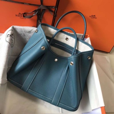 Hermes Garden Party 30 Bag In Blue Jean Taurillon Leather