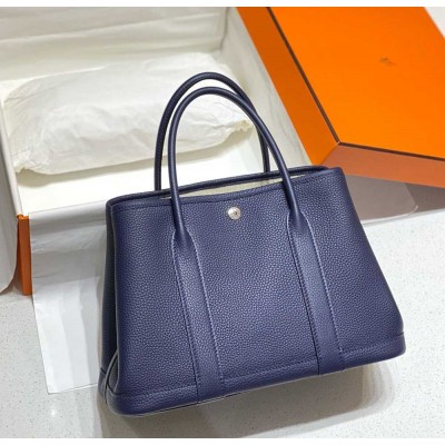 Hermes Garden Party 30 Bag In Blue Saphir Taurillon Leather