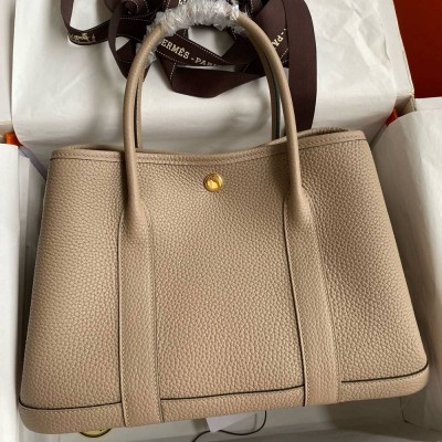 Hermes Garden Party 30 Handmade Bag in Gris Tourterelle Clemence Leather