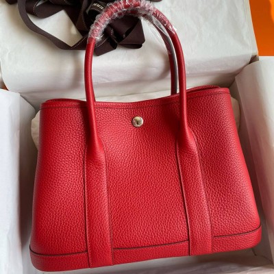 Hermes Garden Party 30 Handmade Bag in Red Clemence Leather