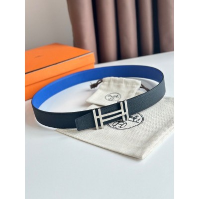 Hermes H au Carre Reversible Belt 32MM in Blue and Black Epsom Leather