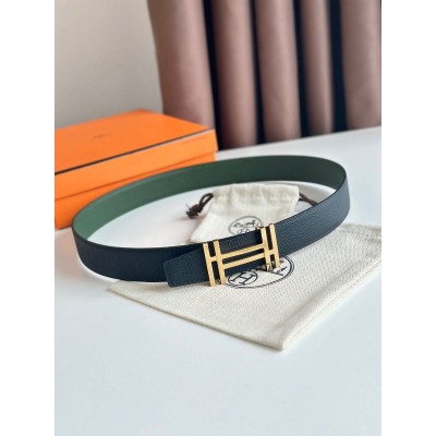 Hermes H au Carre Reversible Belt 32MM in Green and Black Epsom Leather