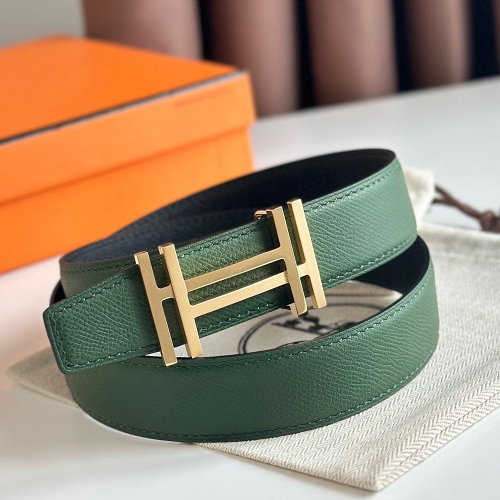 Hermes H au Carre Reversible Belt 32MM in Green and Black Epsom Leather