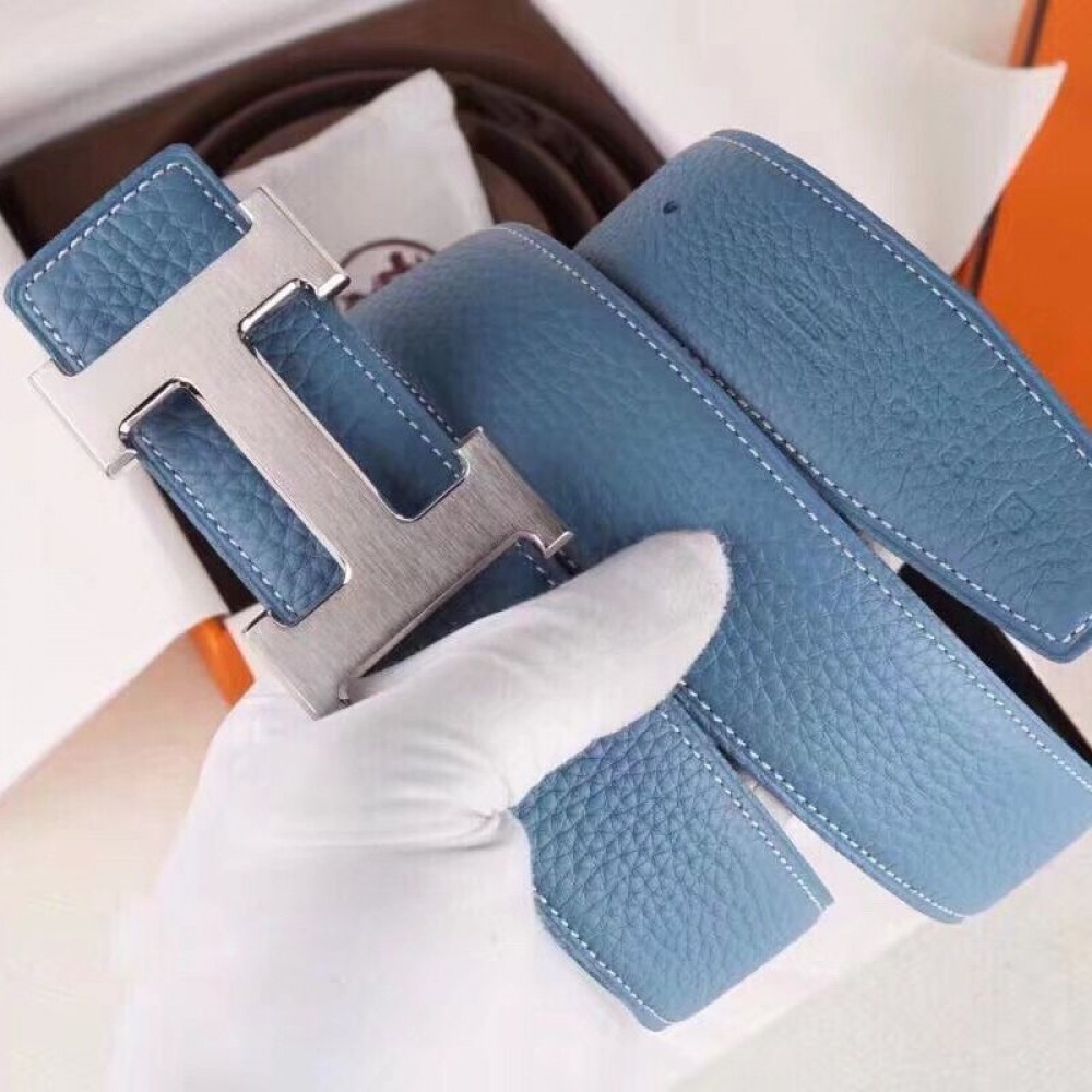 Hermes H Belt Buckle & Blue Clemence 32 MM Strap