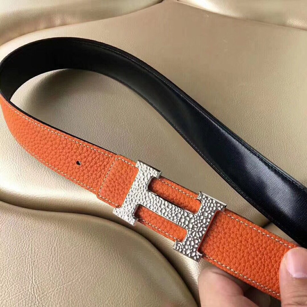 Hermes H Belt Buckle & Orange Clemence 32 MM Strap