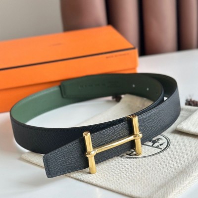 Hermes H d Ancre Reversible Belt 32MM in Black and Green Epsom Calfskin