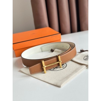 Hermes H d Ancre Reversible Belt 32MM in Gold and White Epsom Calfskin