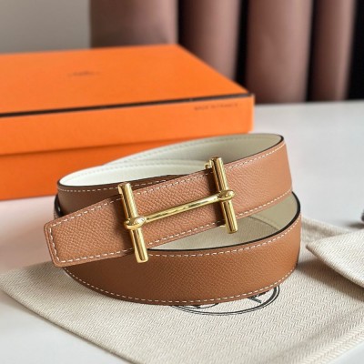 Hermes H d Ancre Reversible Belt 32MM in Gold and White Epsom Calfskin