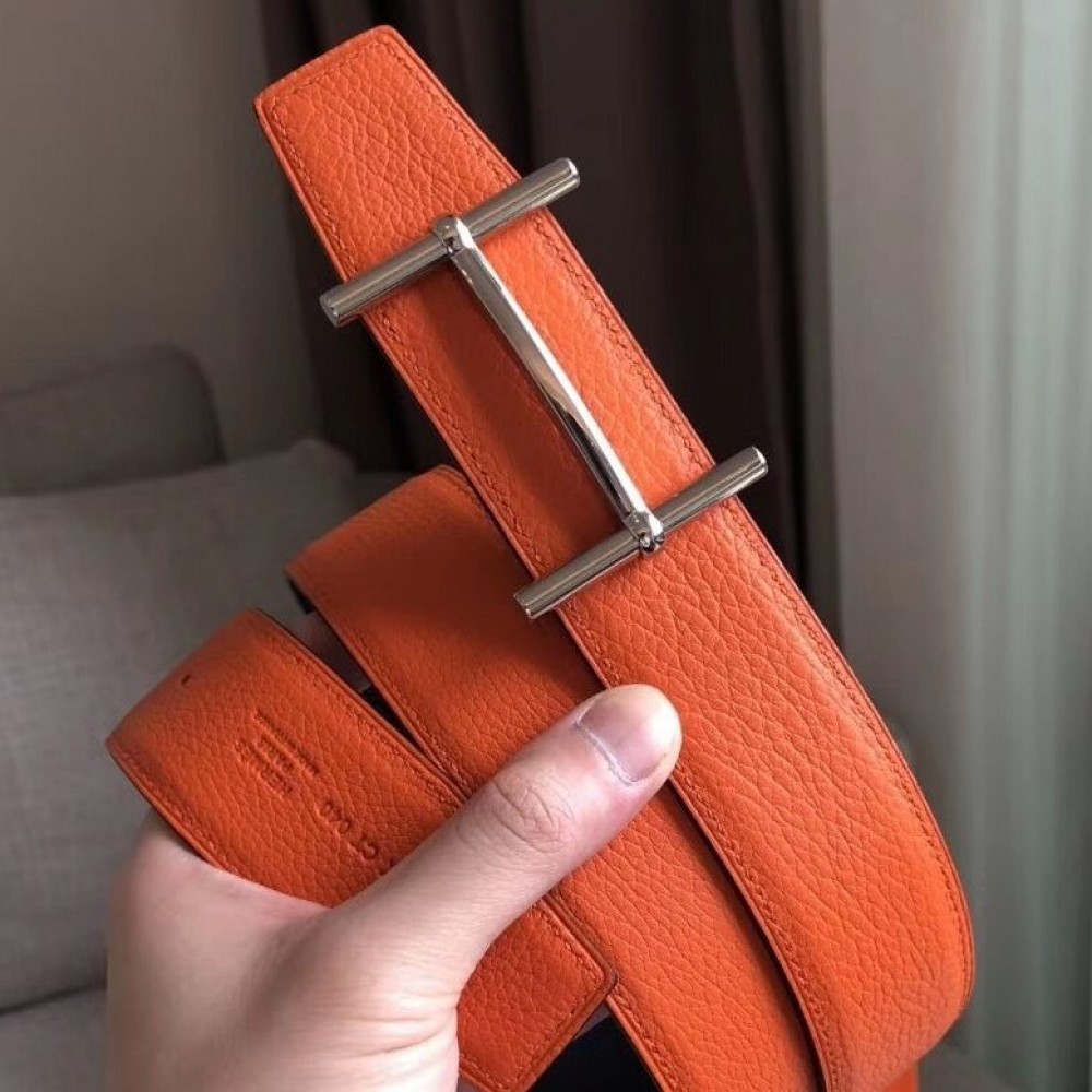 Hermes H d Ancre Reversible Belt In Orange/Noir Leather