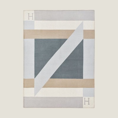 Hermes H Drapeau Blanket in Acier and Perle Cashmere