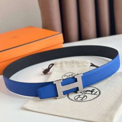 Hermes H Guillochee Reversible Belt 32MM in Black and Blue Epsom Calfskin