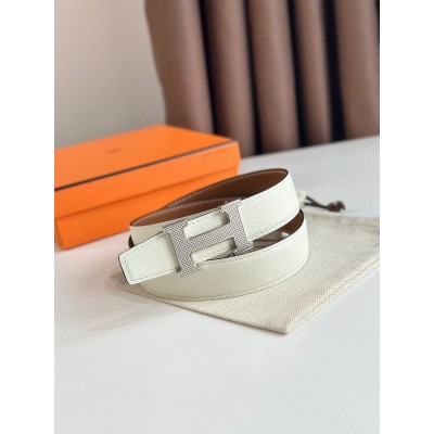 Hermes H Guillochee Reversible Belt 32MM in Gold and White Epsom Calfskin