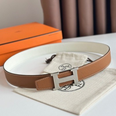 Hermes H Guillochee Reversible Belt 32MM in Gold and White Epsom Calfskin