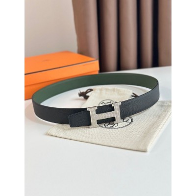 Hermes H Guillochee Reversible Belt 32MM in Green and Black Epsom Calfskin