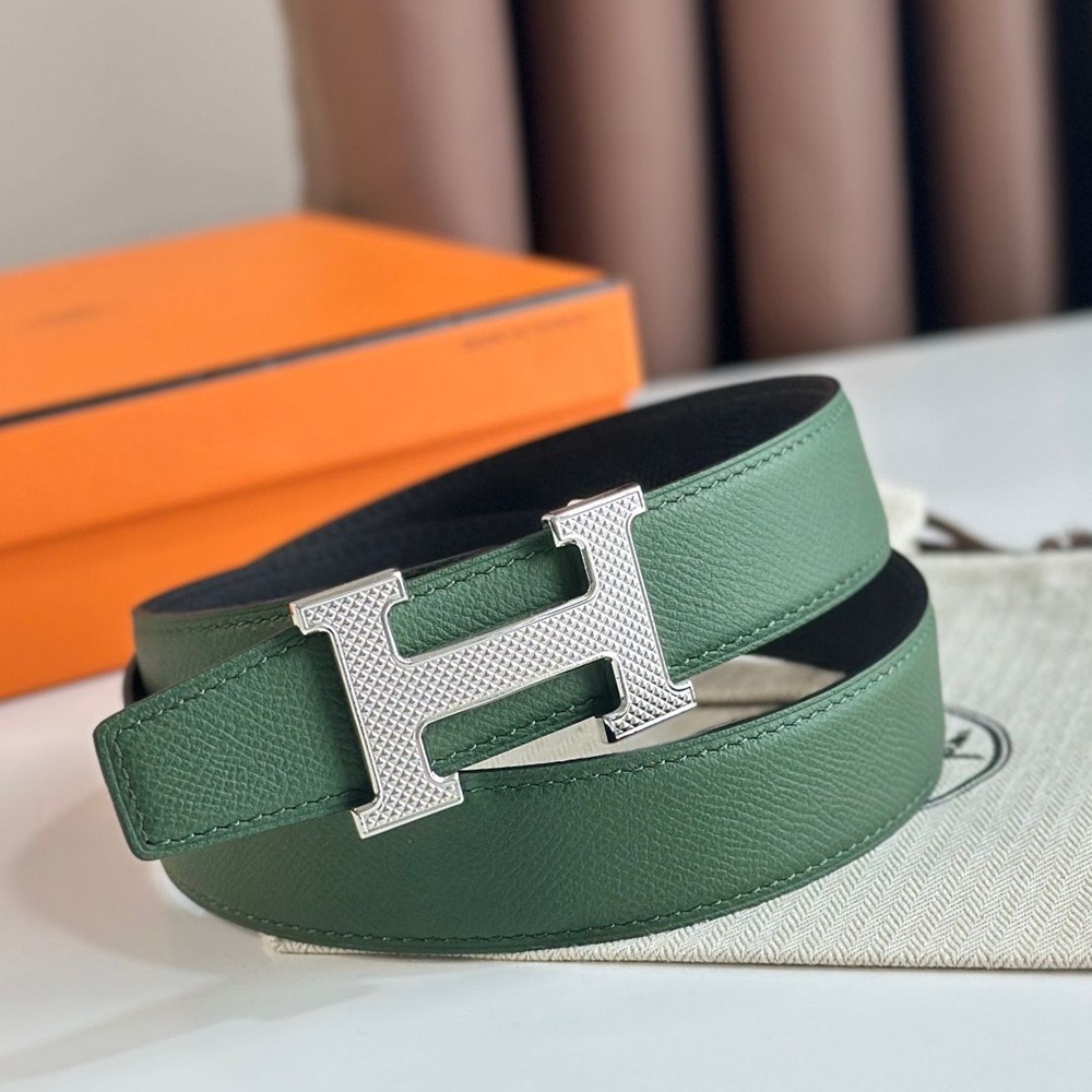 Hermes H Guillochee Reversible Belt 32MM in Green and Black Epsom Calfskin