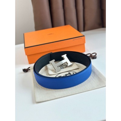 Hermes H Reversible Belt 32MM in Blue and Black Epsom Leather