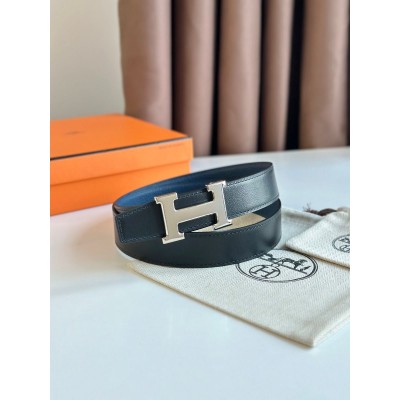 Hermes H Reversible Belt 32MM in Blue Clemence Leather