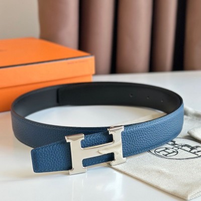 Hermes H Reversible Belt 32MM in Blue Clemence Leather