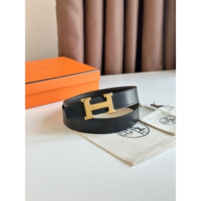 Hermes H Reversible Belt 32MM in Chocolate Clemence Leather