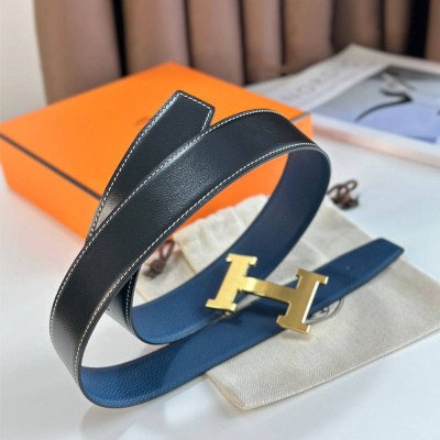 Hermes H Reversible Belt 38MM in Blue Clemence Leather