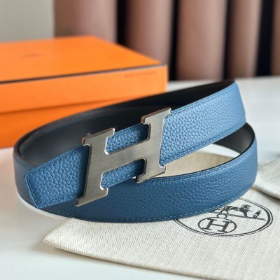 Hermes H Speed Reversible Belt 32MM in Blue Jean Clemence Leather