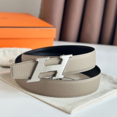 Hermes H Speed Reversible Belt 32MM in Grey Clemence Leather