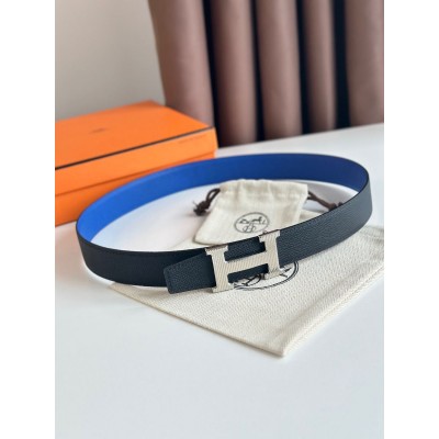 Hermes H Striee Reversible Belt 32MM in Blue and Black Epsom Calfskin