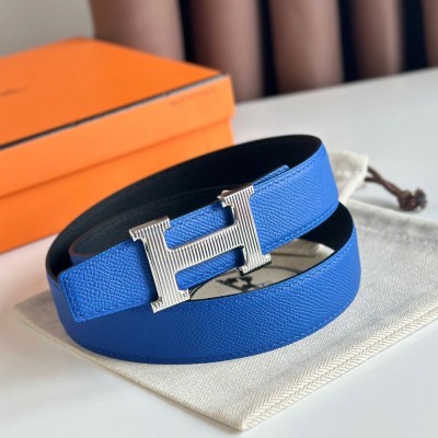 Hermes H Striee Reversible Belt 32MM in Blue and Black Epsom Calfskin