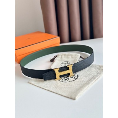 Hermes H Striee Reversible Belt 32MM in Green and Black Epsom Calfskin