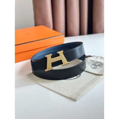 Hermes H Take Off Reversible Belt 32MM in Blue Clemence Leather