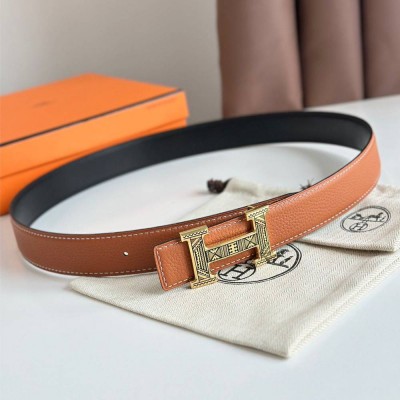 Hermes H Touareg Reversible Belt 32MM in Gold Clemence Leather