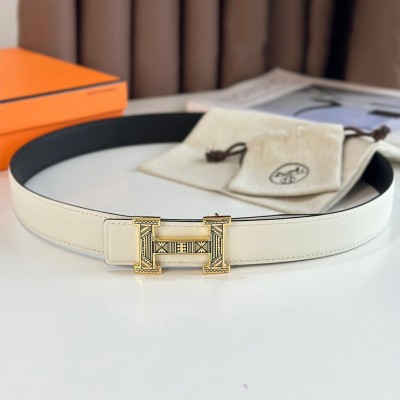 Hermes H Touareg Reversible Belt 32MM in White Epsom Leather