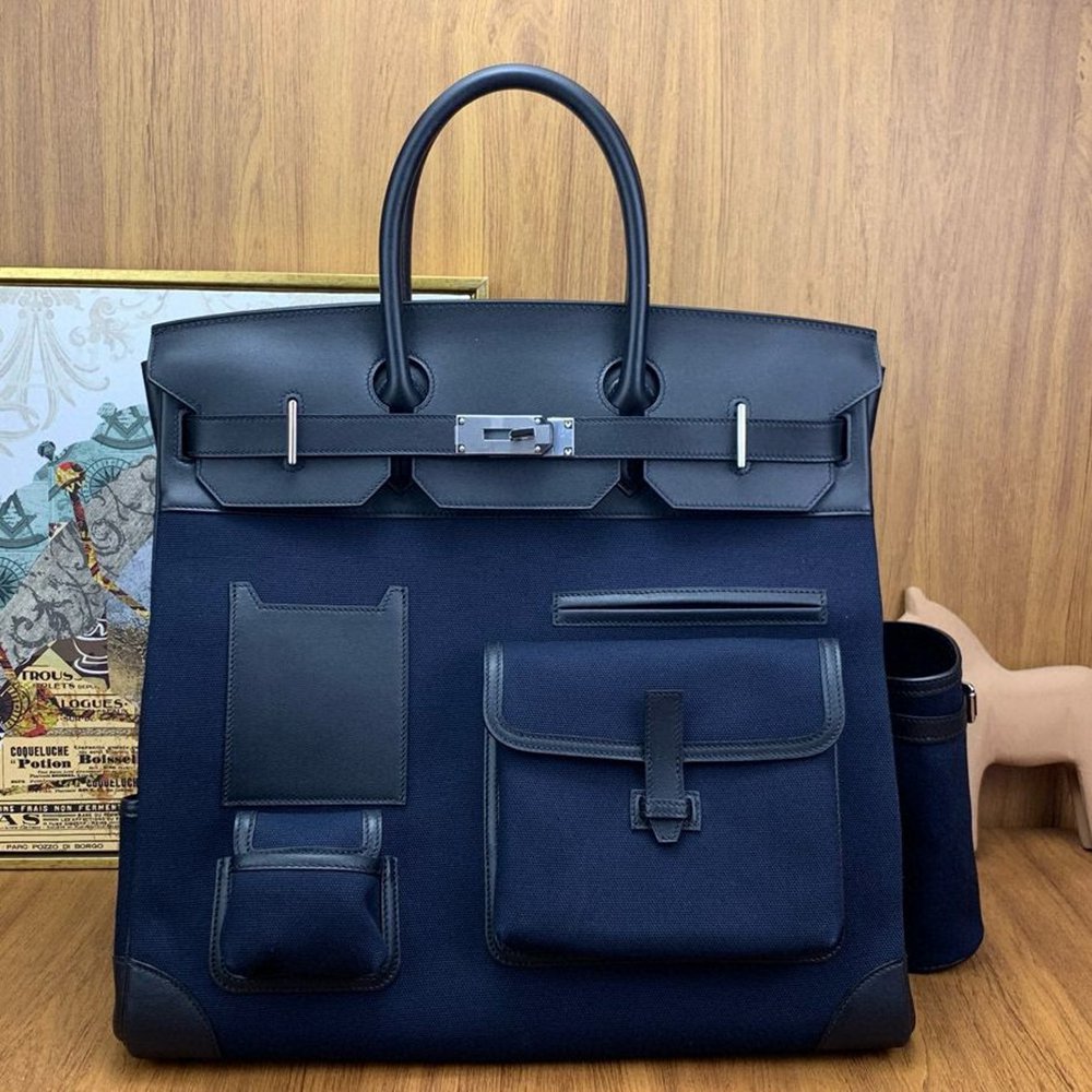 Hermes HAC Cargo Birkin 40 Handmade Bag in Blue Nuit Toile