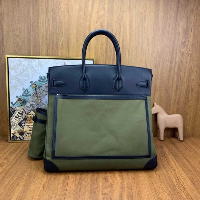 Hermes HAC Cargo Birkin 40 Handmade Bag in Green Toile