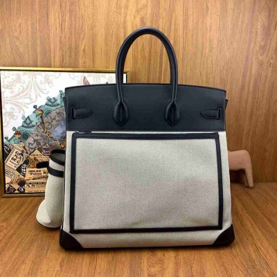 Hermes HAC Cargo Birkin 40 Handmade Bag in Toile with Black Leather