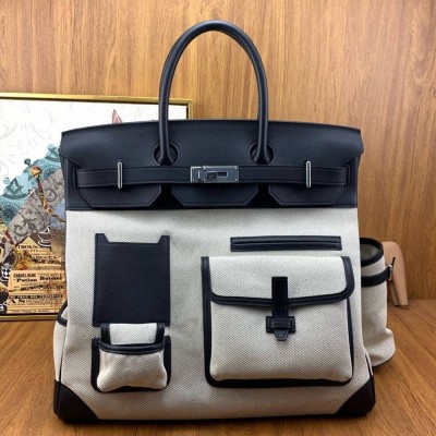 Hermes HAC Cargo Birkin 40 Handmade Bag in Toile with Black Leather