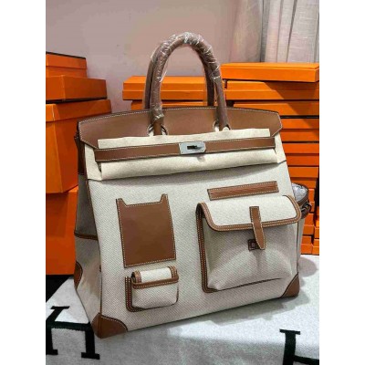 Hermes HAC Cargo Birkin 40 Handmade Bag in Toile with Gold Leather