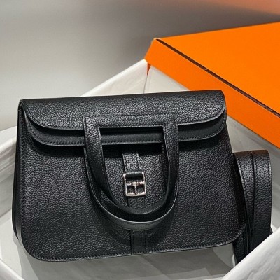 Hermes Halzan 25 Bag in Black Clemence Leather