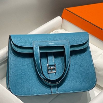 Hermes Halzan 25 Bag in Blue Jean Clemence Leather