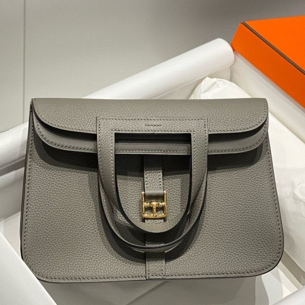 Hermes Halzan 25 Bag in Gris Meyer Clemence Leather