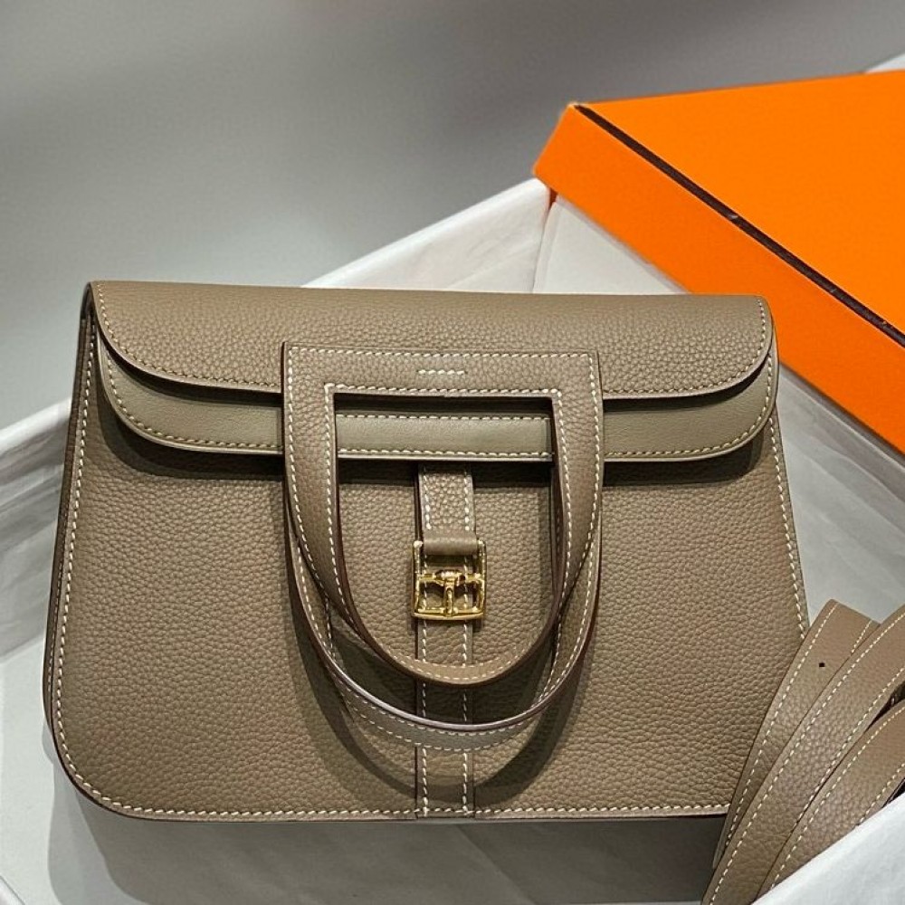 Hermes Halzan 25 Bag in Taupe Clemence Leather