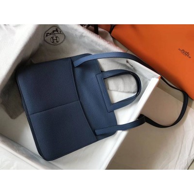 Hermes Halzan 31cm Bag In Blue Agate Clemence Leather