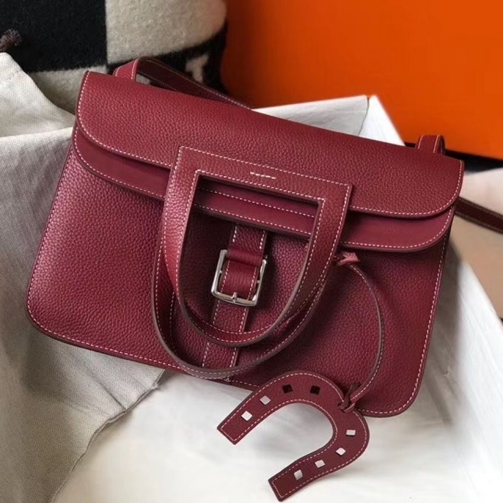 Hermes Halzan 31cm Bag In Bordeaux Clemence Leather